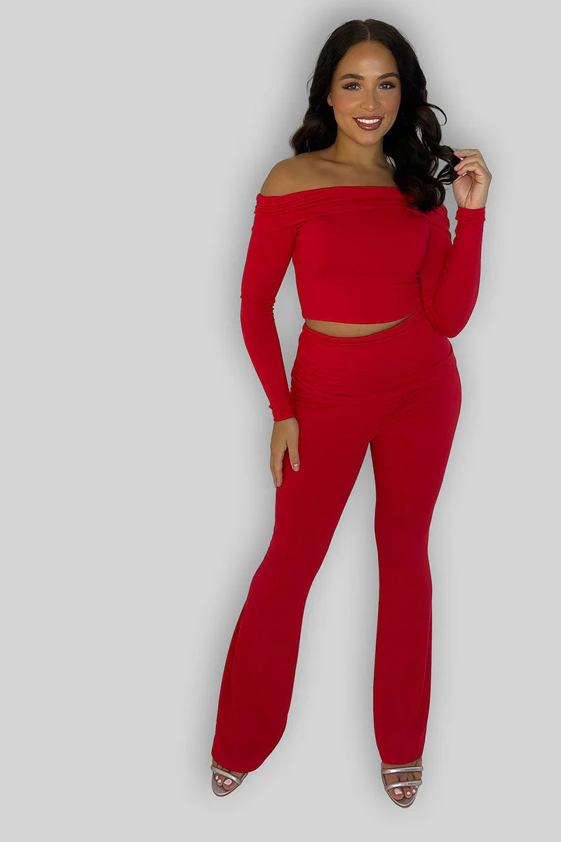 Off Shoulder Long Sleeve Top And Flare Leg Co-ordinate Set