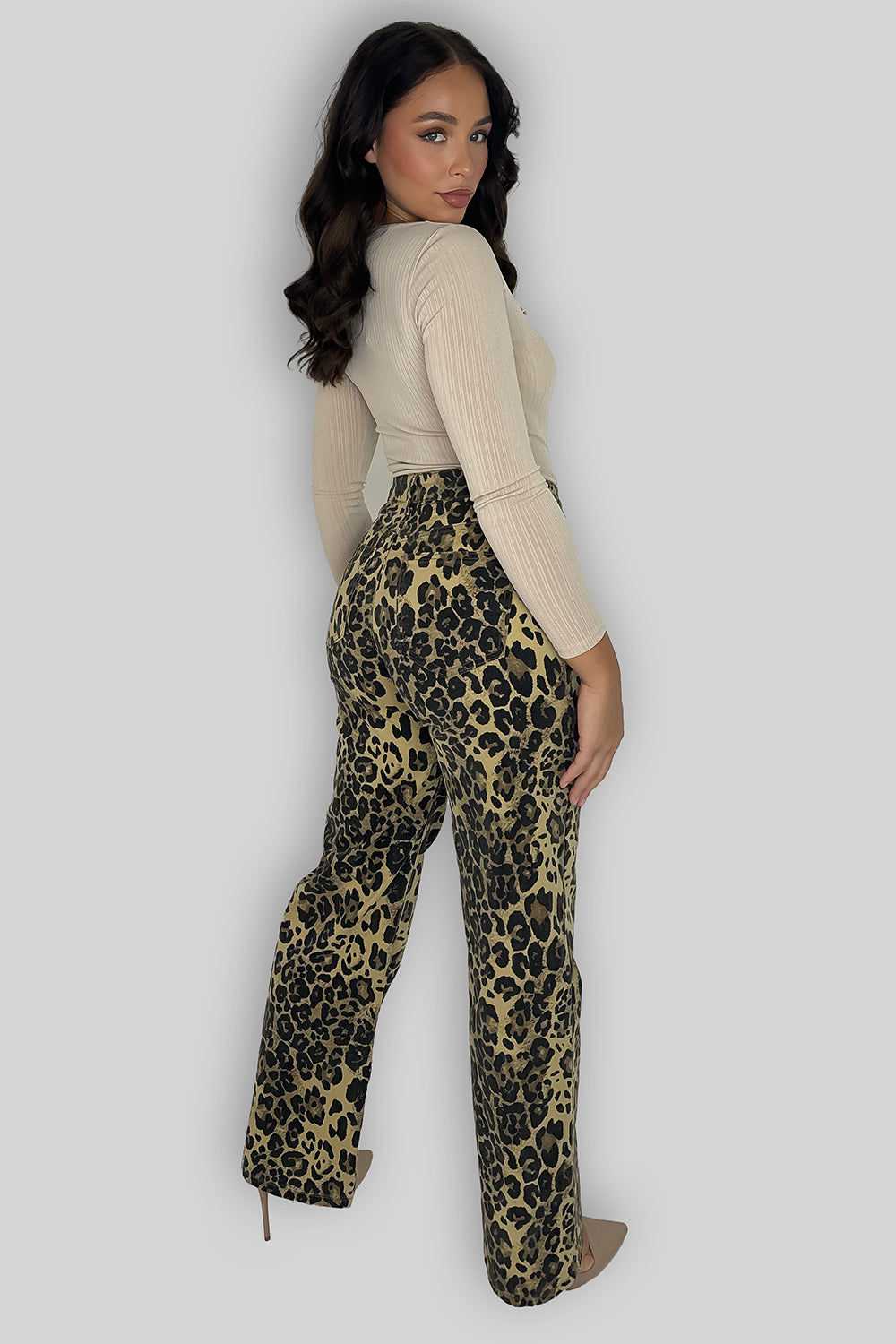 Leopard Print High Rise Waist Wide Leg Jeans-SinglePrice