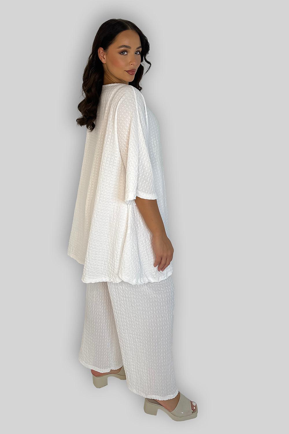White Loose Fit Textured Top And Wide Leg Trousers Co-ord Set-SinglePrice