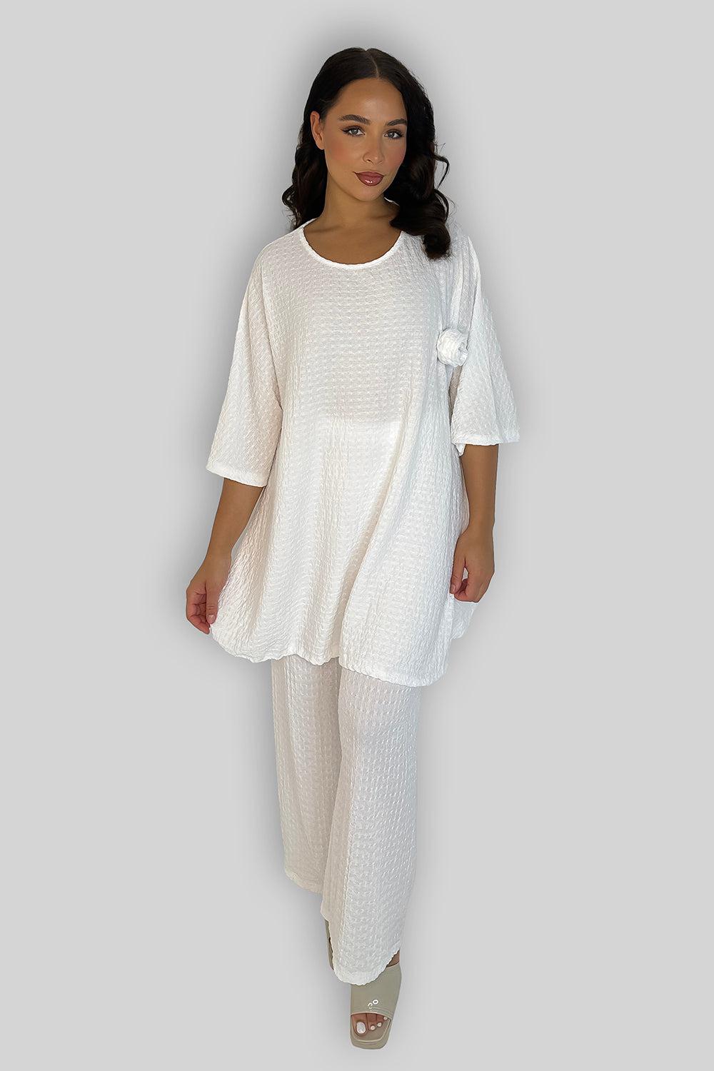 White Loose Fit Textured Top And Wide Leg Trousers Co-ord Set-SinglePrice