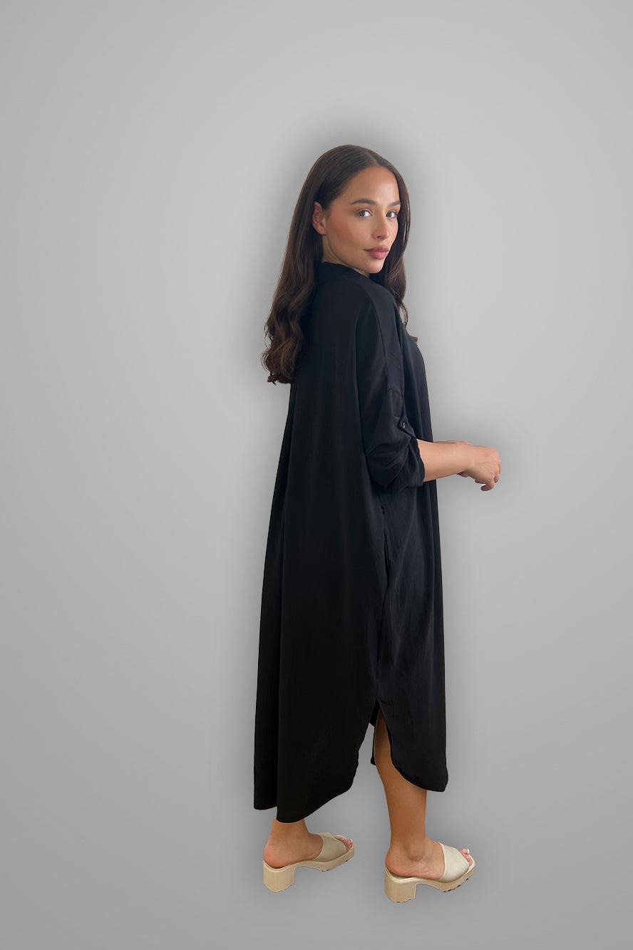 Roll Sleeve Asymmetric Hem Shirt Dress-SinglePrice