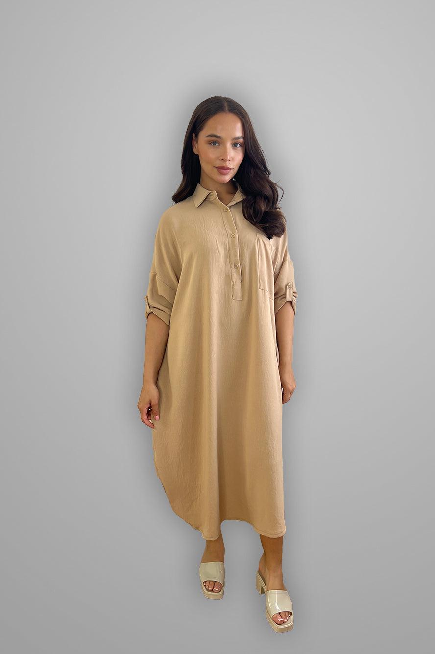 Roll Sleeve Asymmetric Hem Shirt Dress-SinglePrice