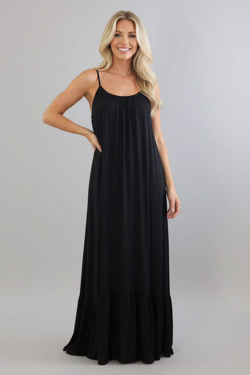 Silk Blend Spaghetti Straps Tiered Maxi Dress-SinglePrice