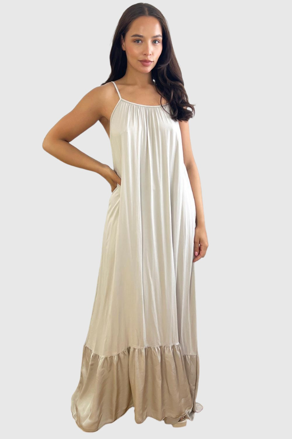 Silk Blend Spaghetti Straps Tiered Maxi Dress-SinglePrice