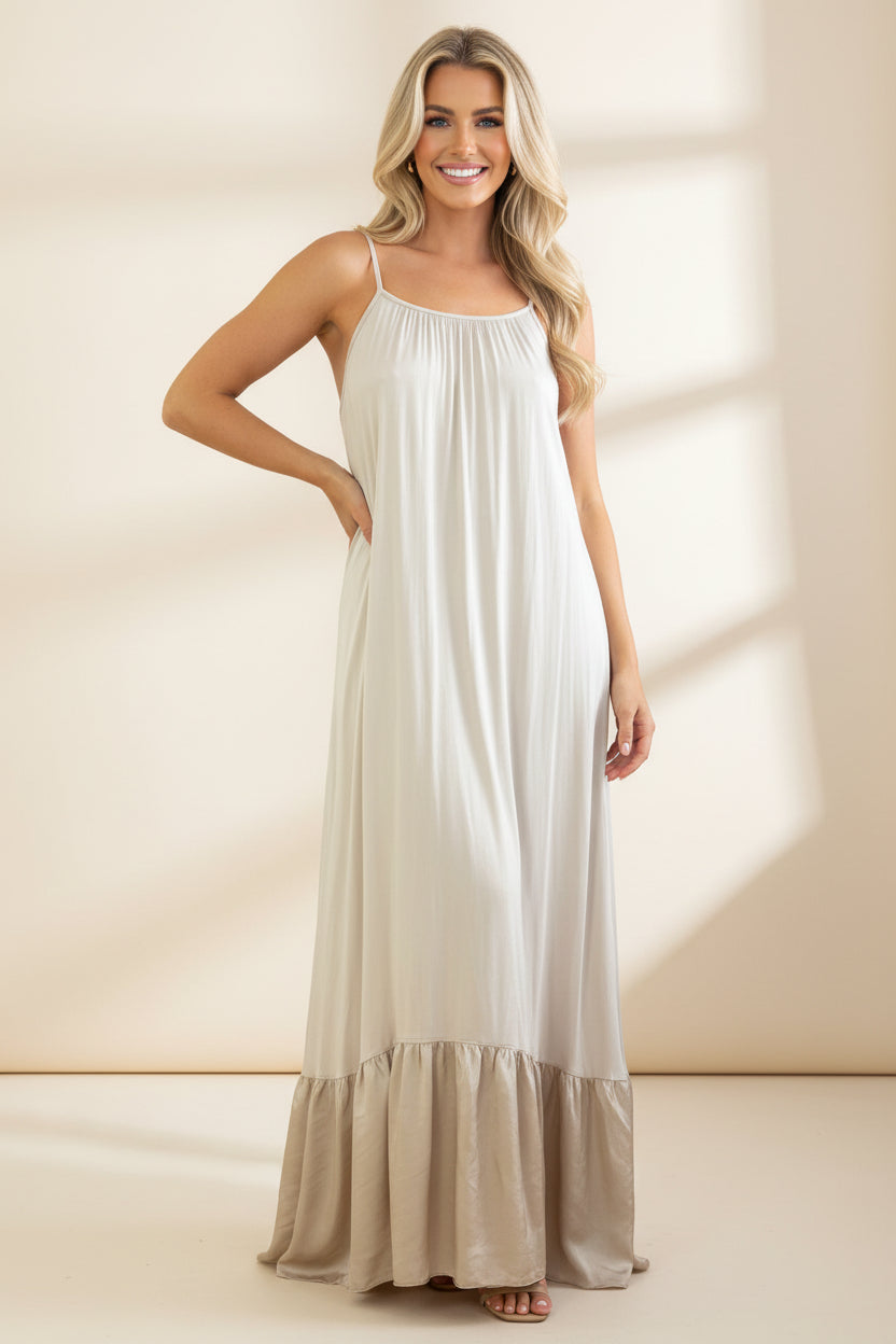 Silk Blend Spaghetti Straps Tiered Maxi Dress-SinglePrice