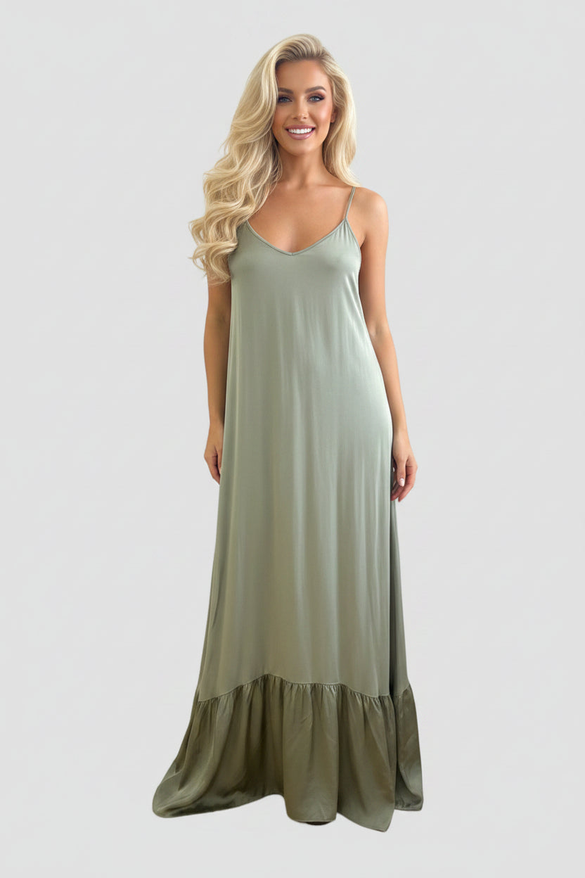 Silk Blend Spaghetti Straps Tiered Maxi Dress-SinglePrice