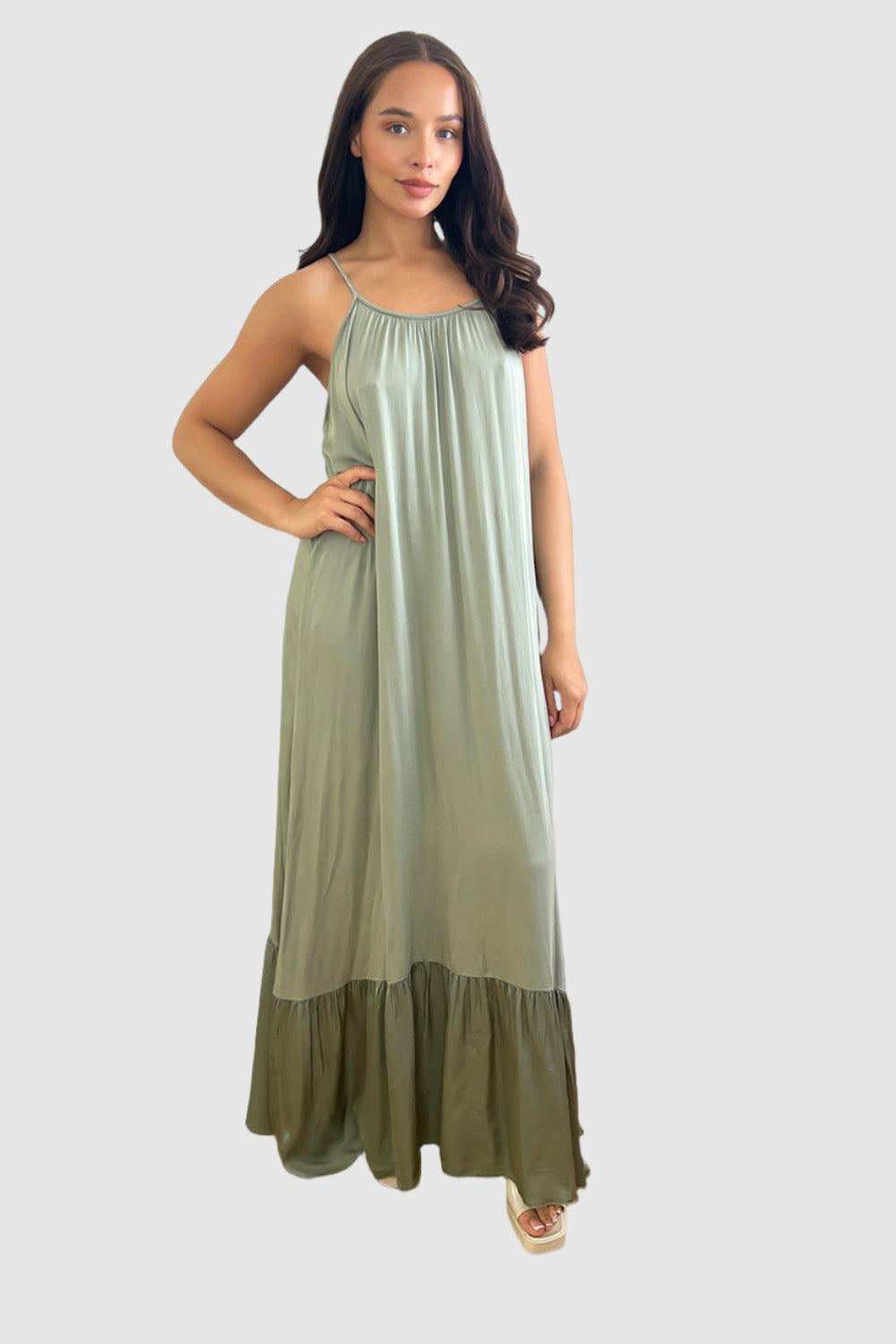 Silk Blend Spaghetti Straps Tiered Maxi Dress-SinglePrice