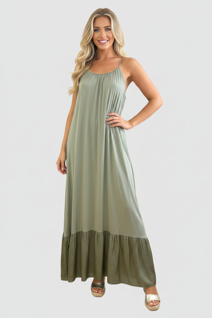 Silk Blend Spaghetti Straps Tiered Maxi Dress-SinglePrice