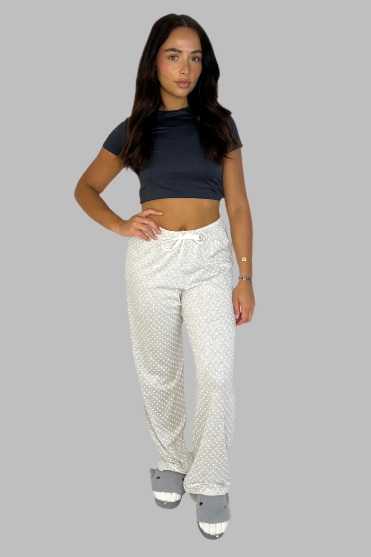 Polka Dot Grey Drawstring Cotton Blend Pyjama Bottoms
