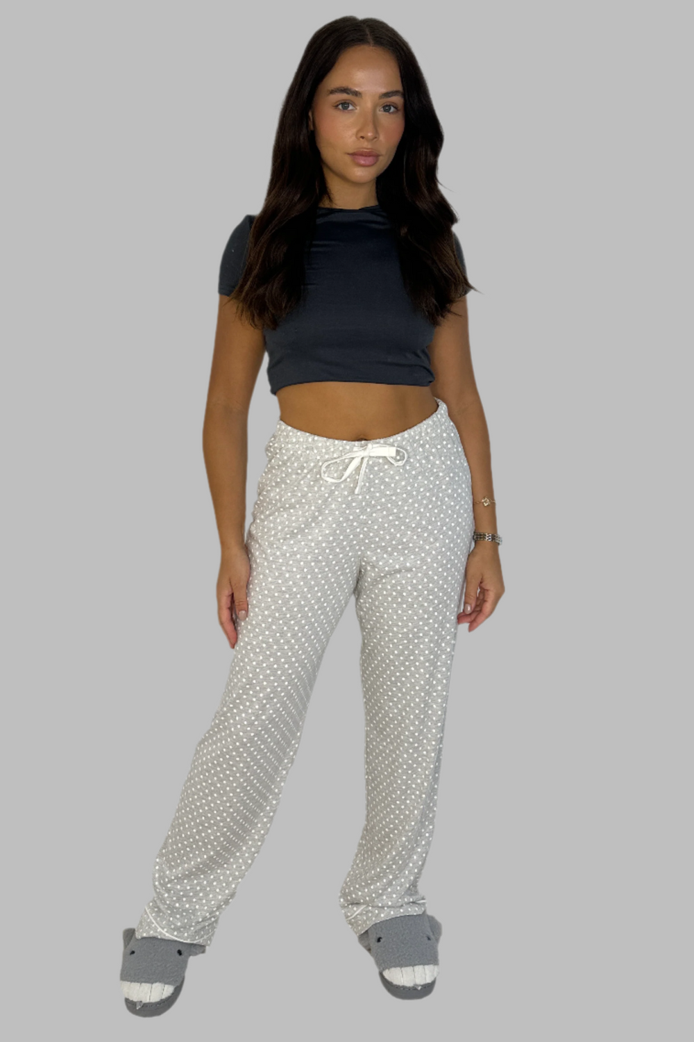 Polka Dot Grey Drawstring Cotton Blend Pyjama Bottoms
