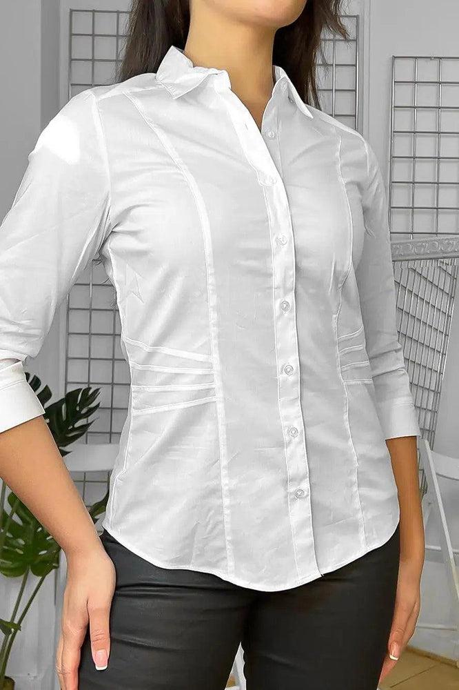 White Midi Sleeves Smart Shirt-SinglePrice