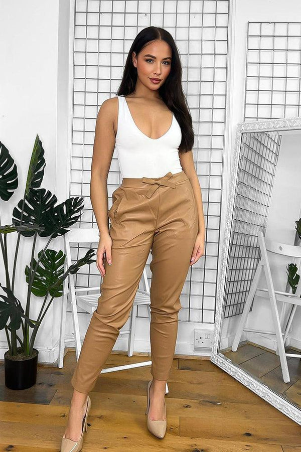 Camel Faux Leather Drawstring Waist Joggers - Persia main image 1