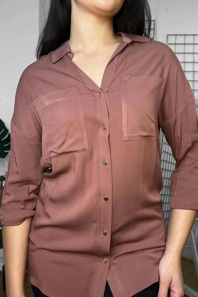 Gold Buttons Front Pockets Relaxed Fit Shirt-SinglePrice