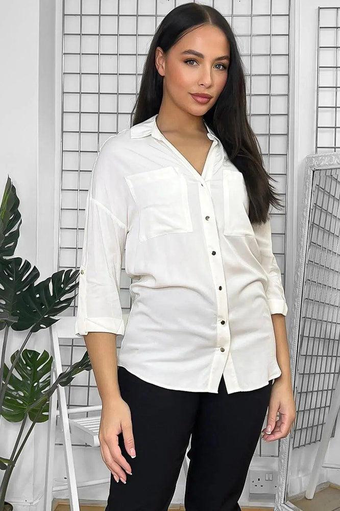 Gold Buttons Front Pockets Relaxed Fit Shirt-SinglePrice