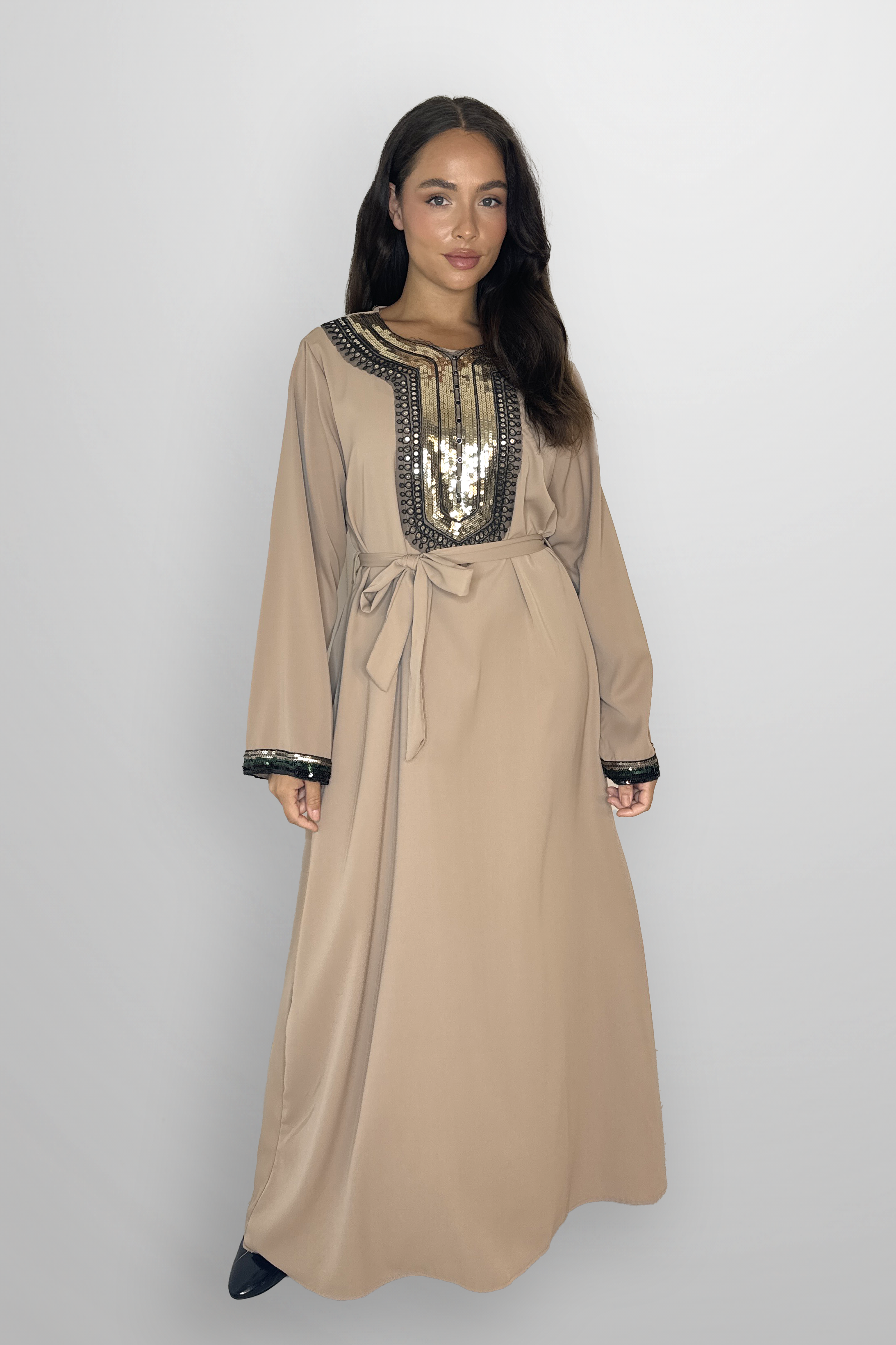 Elegant Embellished DetailTie Up Waist A-Line Modest Maxi Dress-SinglePrice