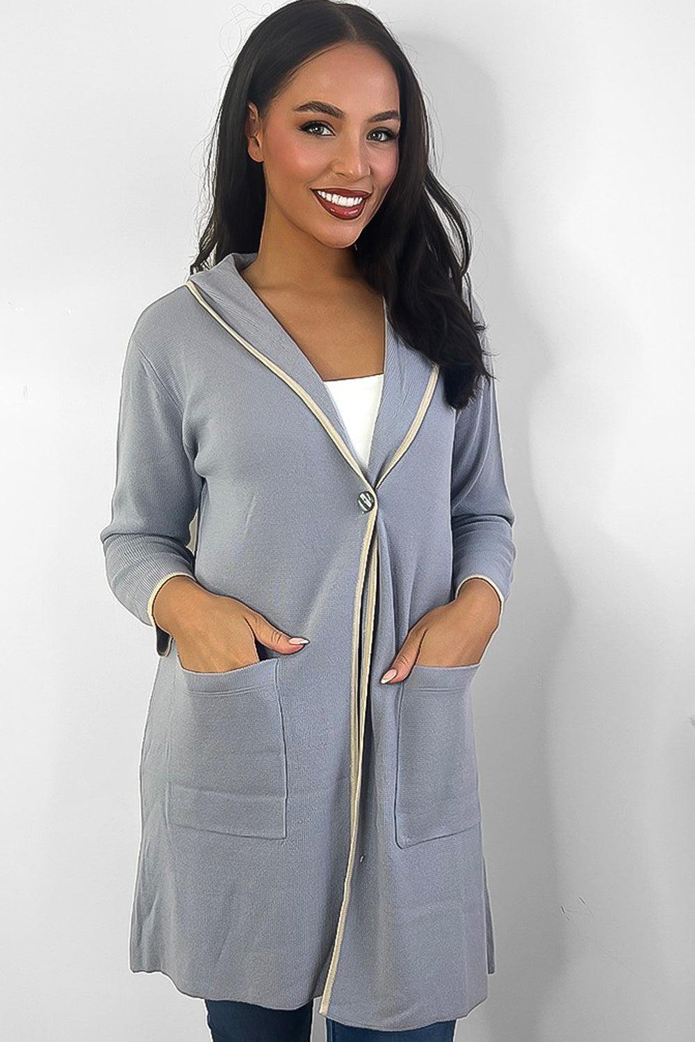 Grey With Yellow Trims Single Breasted Cardigan-SinglePrice