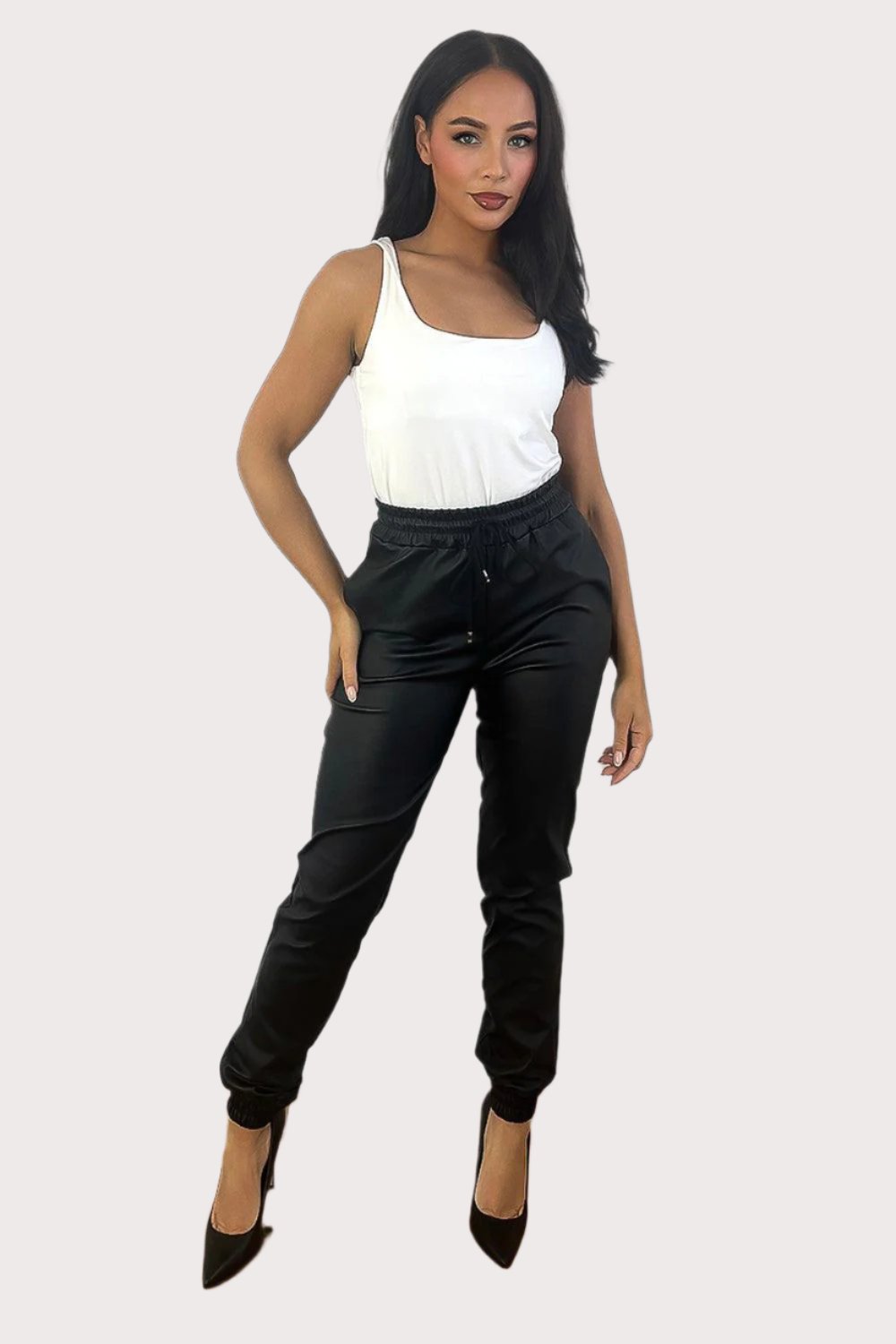 Elastic Waist And Cuffs Vegan Leather Trousers-SinglePrice