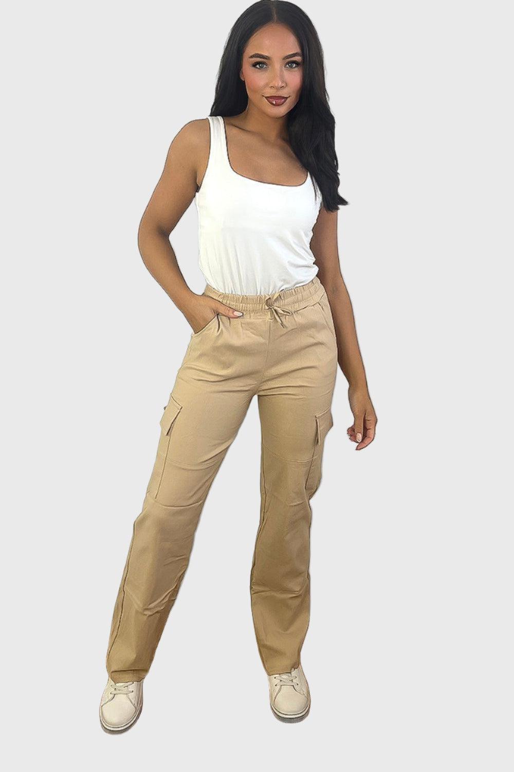 Elastic Waist Utility Pockets Extra Stretchy Cargo Trousers-SinglePrice