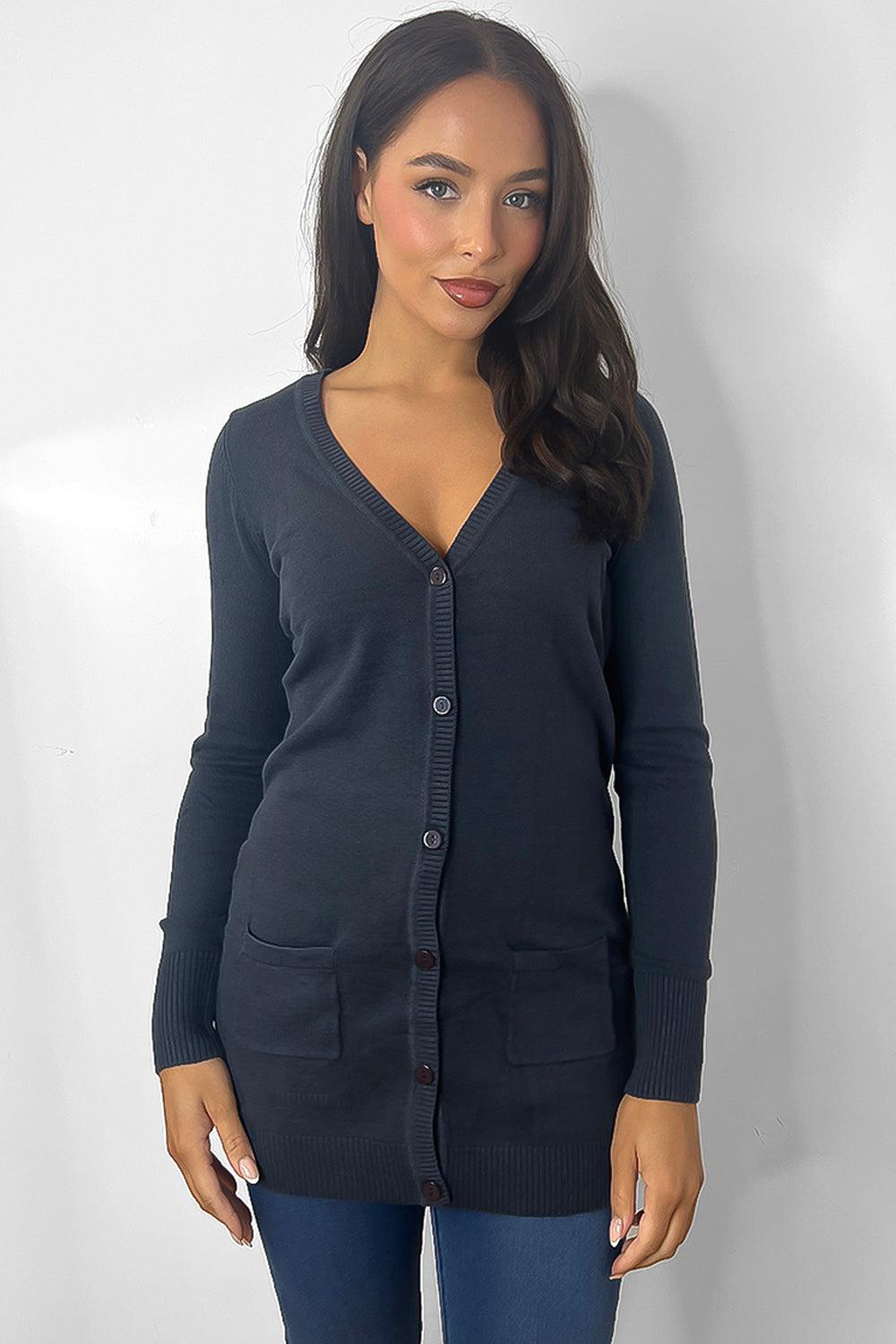 Deep V-Neck Longline Cardigan WIth Pockets-SinglePrice