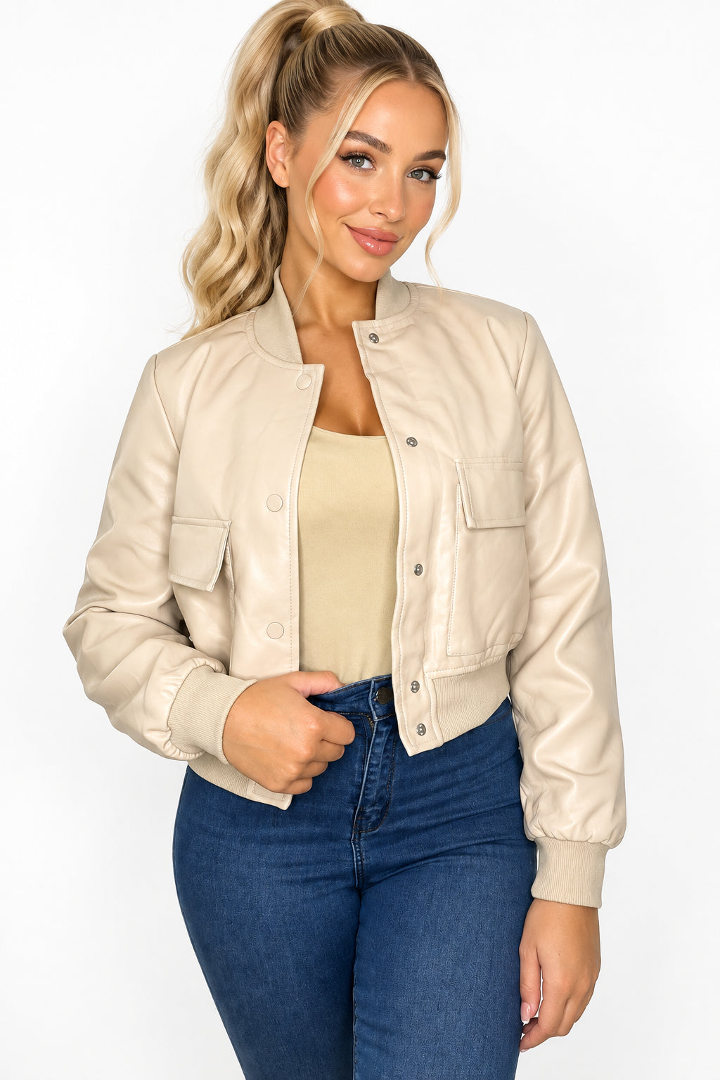 Faux Leather Cropped Bomber Jacket-SinglePrice