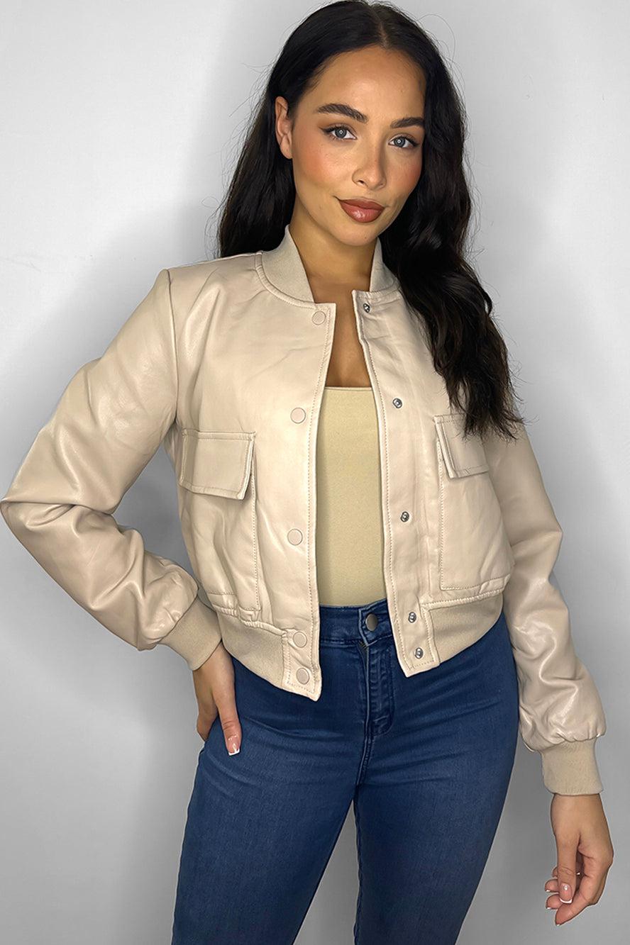 Faux Leather Cropped Bomber Jacket-SinglePrice