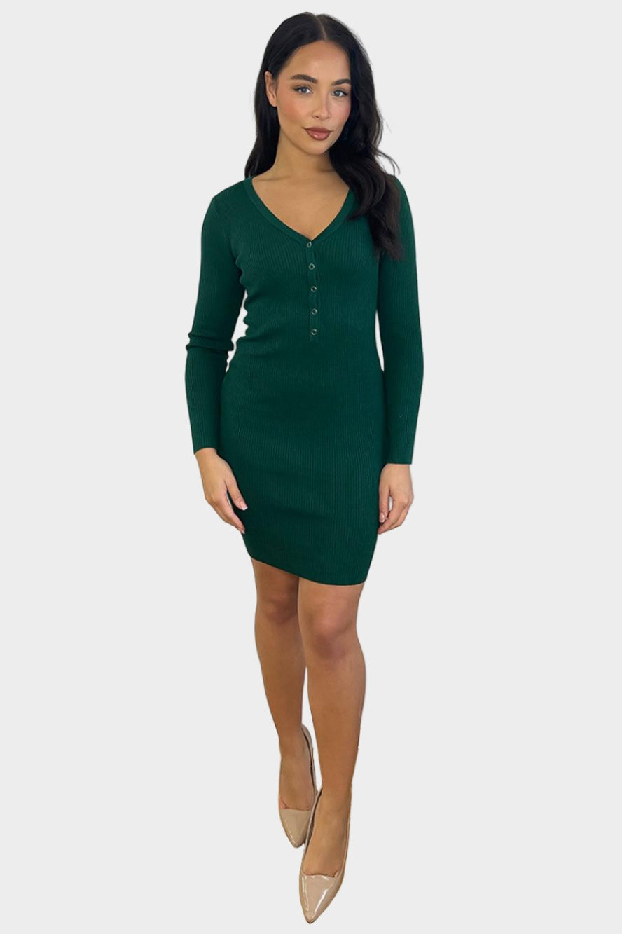 Buttoned Neckline Knitted Mini Dress-SinglePrice