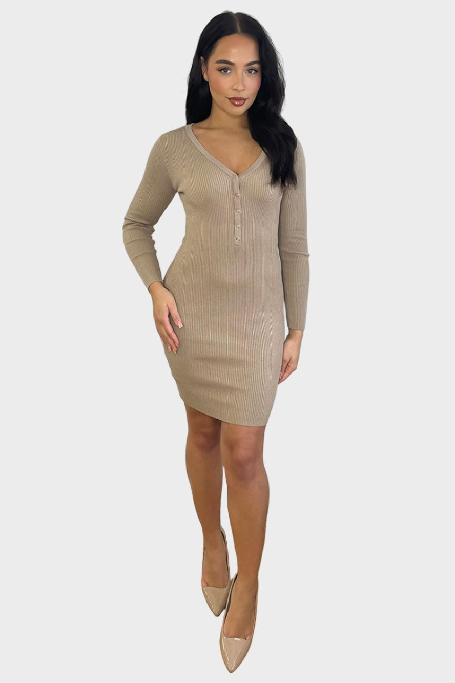 Buttoned Neckline Knitted Mini Dress-SinglePrice