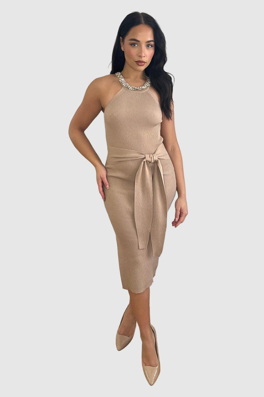 Embellished Halterneck Knitted Midi Dress-SinglePrice