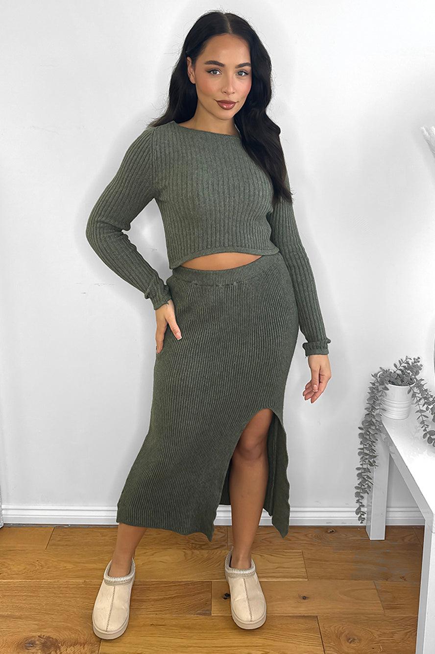 Front Split Skirt And Pullover Knitted Set-SinglePrice
