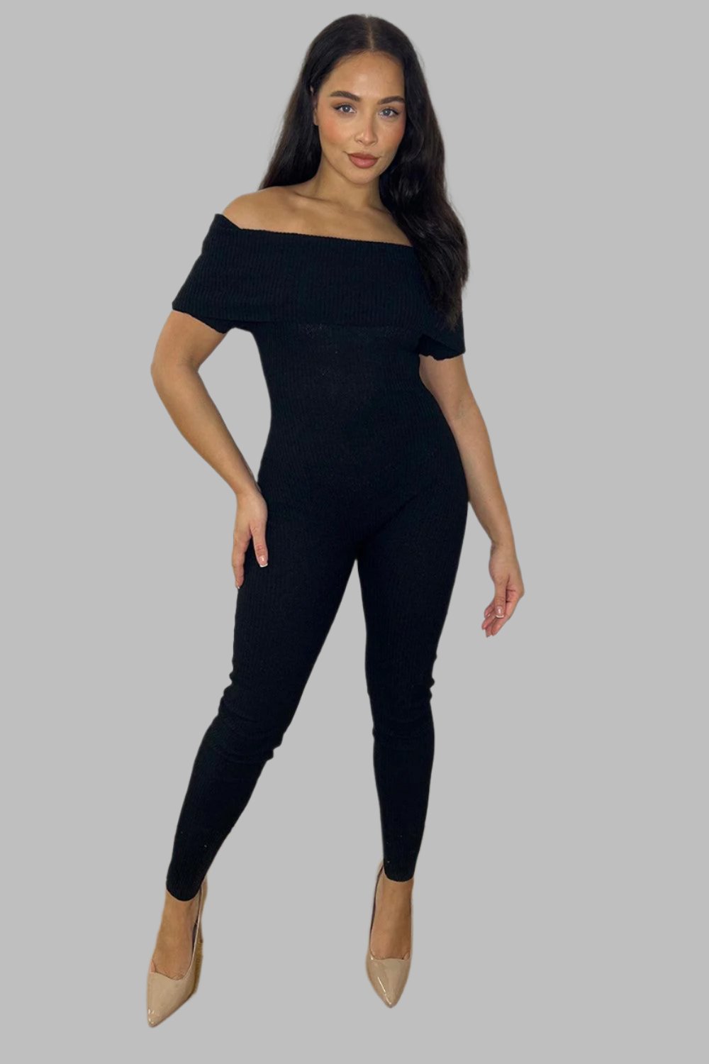 Ribbed Jersey Bardot Jumpsuit-SinglePrice