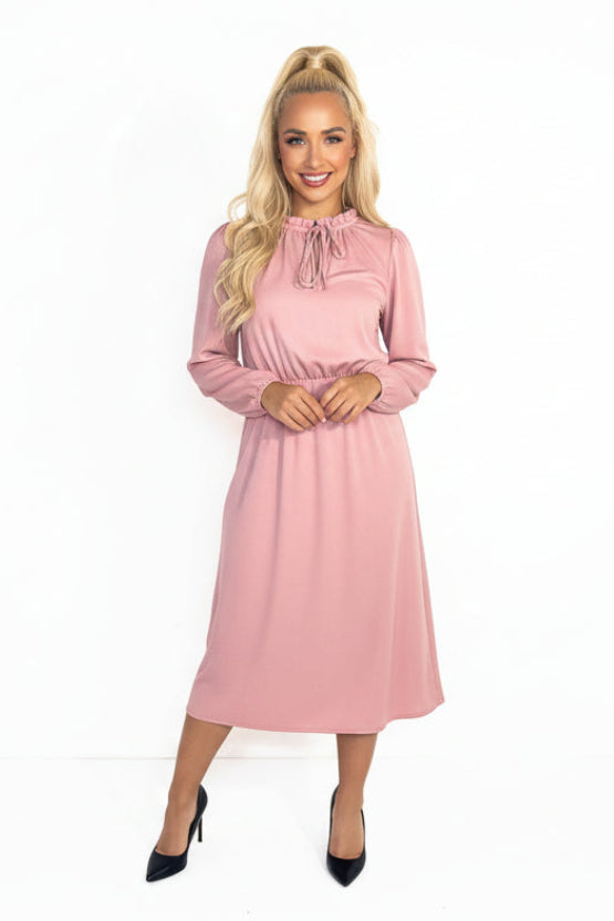 Frill Tie Mock Neck Satin Elegant Long Dress