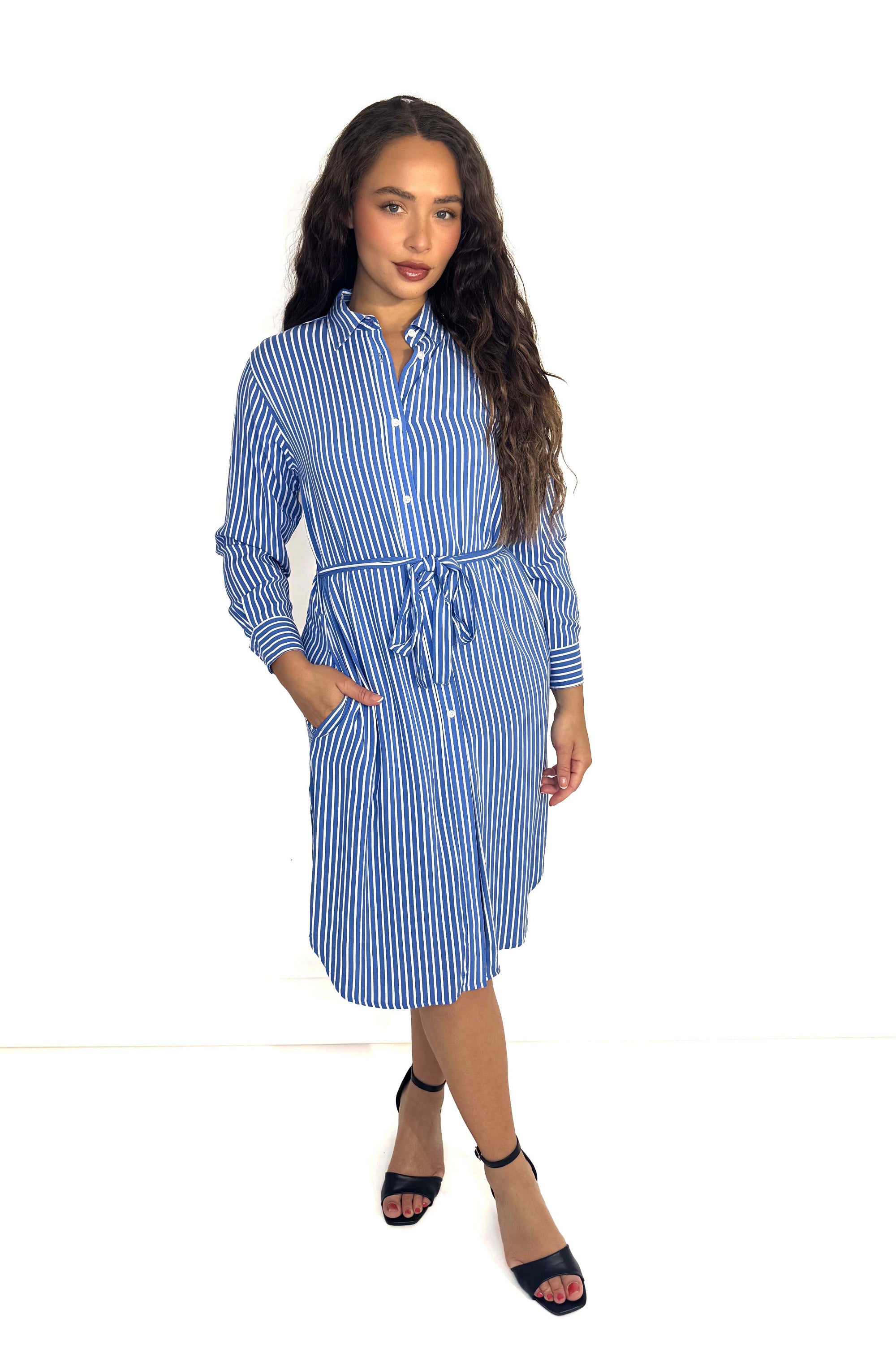 Pinstripe Tie Up Longline Viscose Shirt Dress