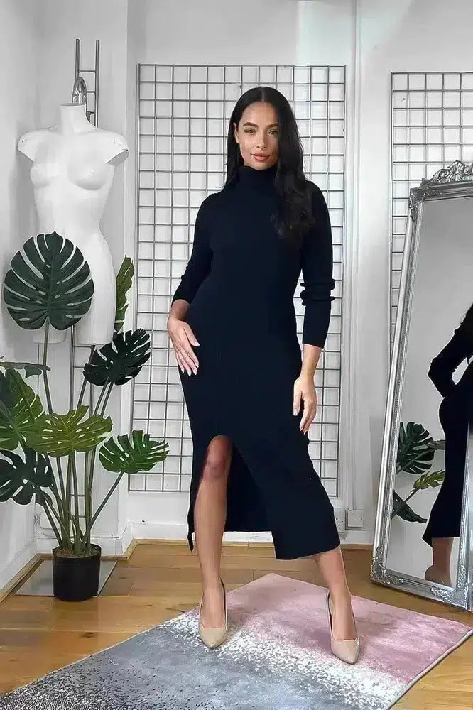 High Neck Leg Split Knitted Midi Dress-SinglePrice