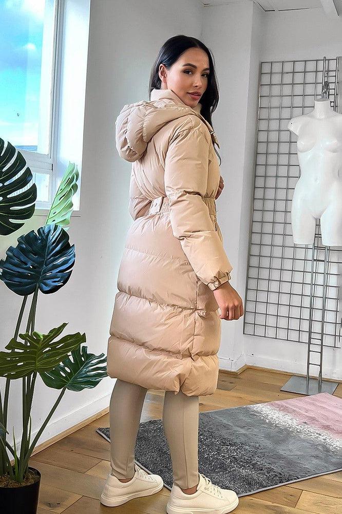 Beige Chain Detail Elastic Belt Puffer Jacket-SinglePrice