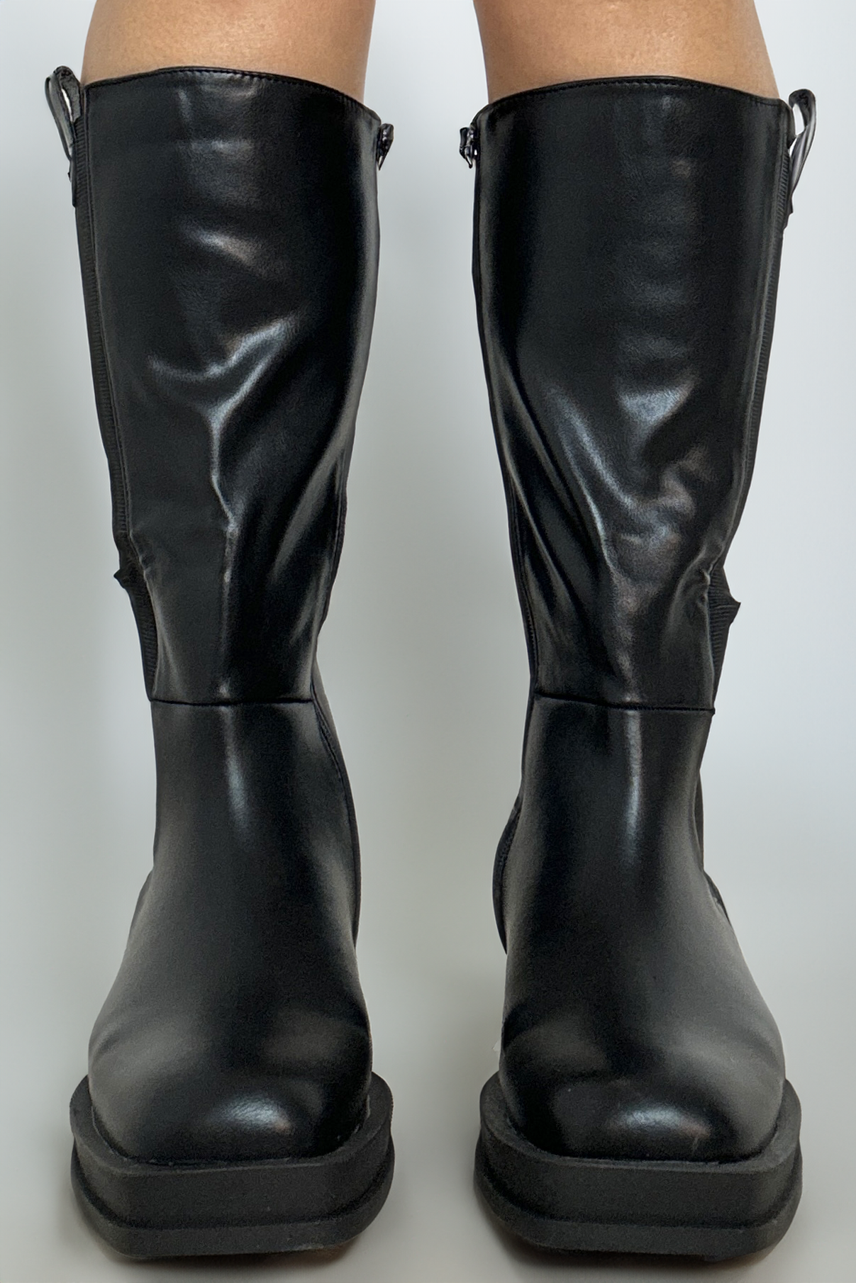 Vegan Leather Square Toe Elasticated Embellished Detail Black Boots