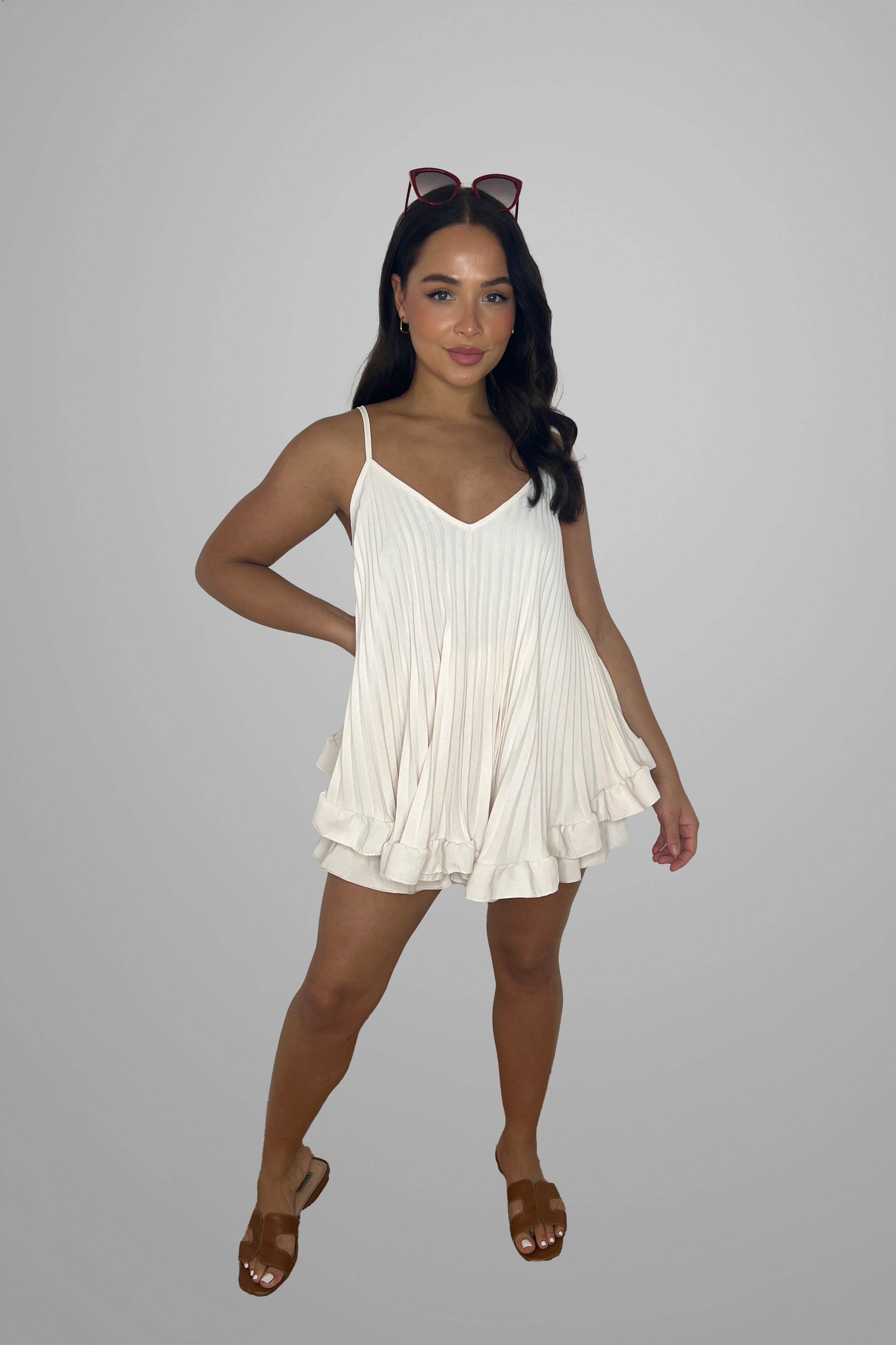 Frill Hem Plisse Chiffon Flowy Strappy Top And Shorts Set-SinglePrice