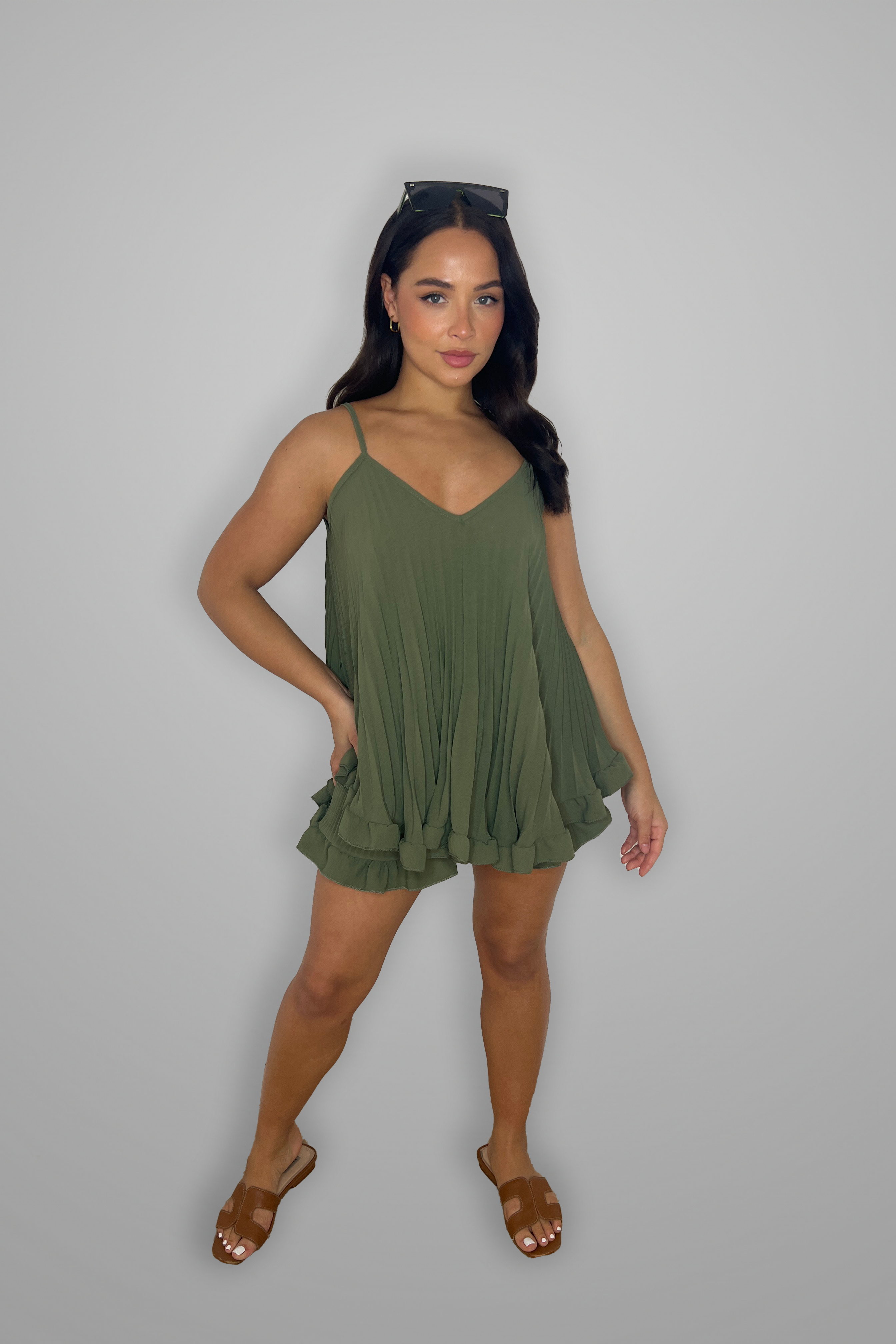 Frill Hem Plisse Chiffon Flowy Strappy Top And Shorts Set-SinglePrice