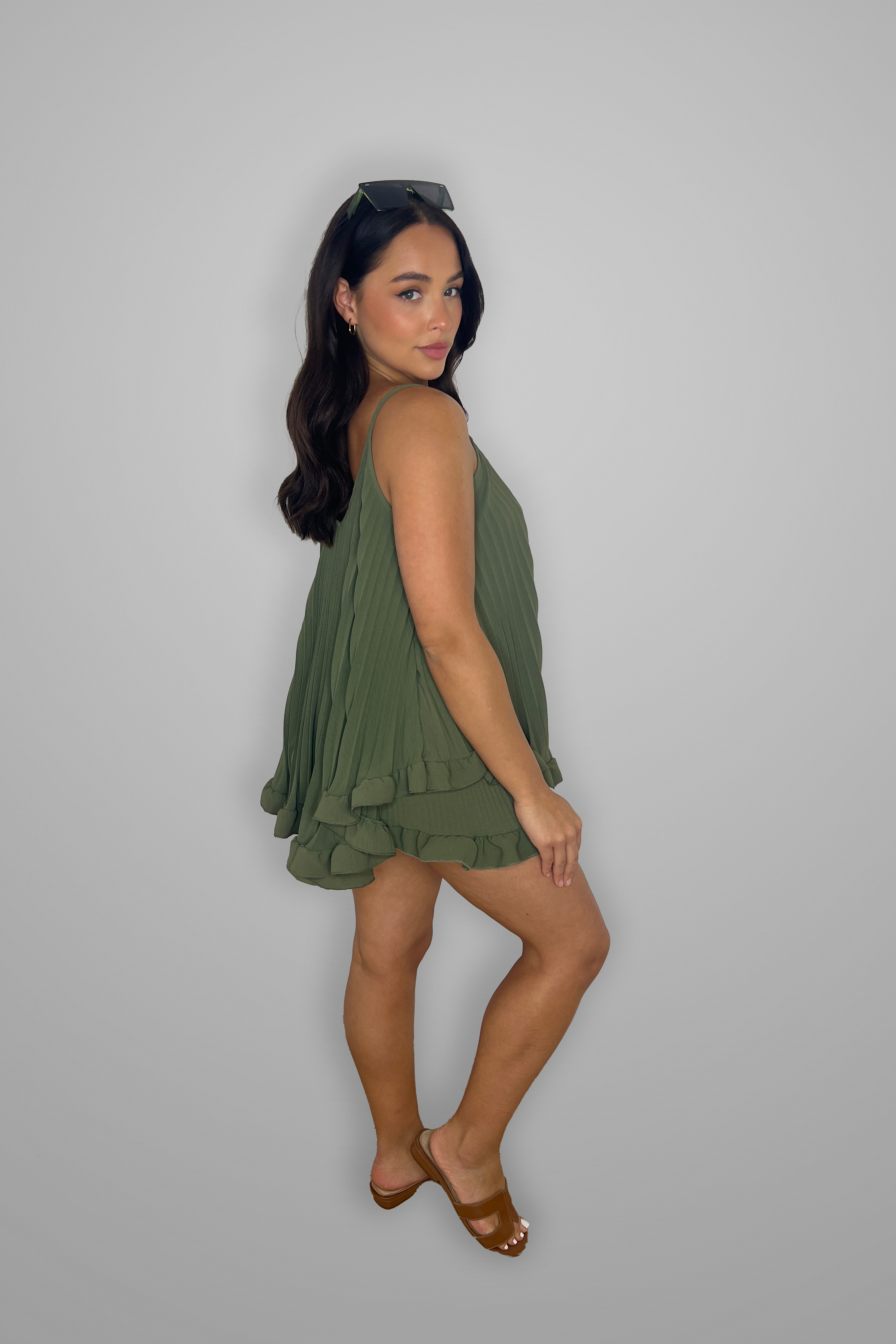 Frill Hem Plisse Chiffon Flowy Strappy Top And Shorts Set-SinglePrice