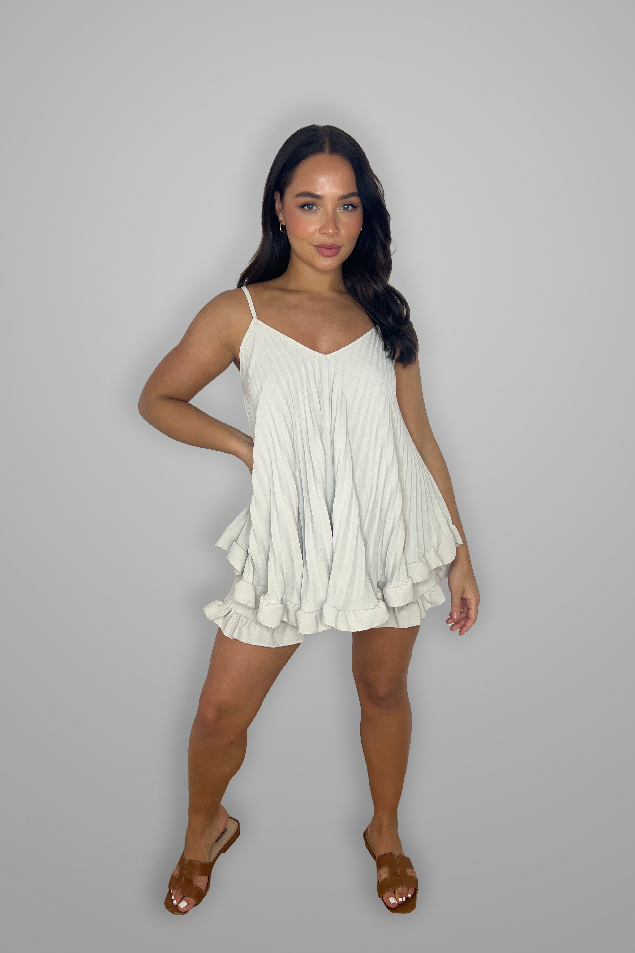Frill Hem Plisse Chiffon Flowy Strappy Top And Shorts Set-SinglePrice