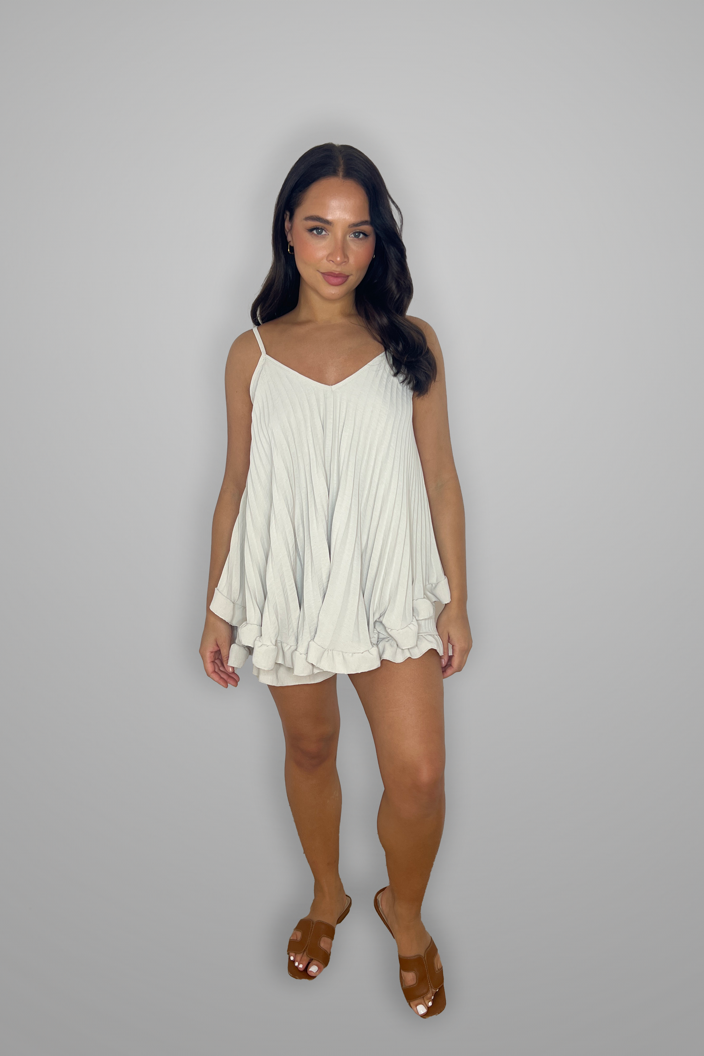 Frill Hem Plisse Chiffon Flowy Strappy Top And Shorts Set-SinglePrice
