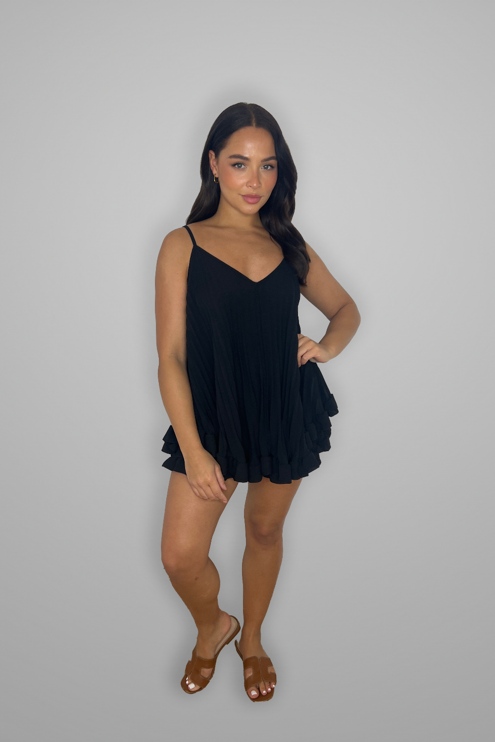 Frill Hem Plisse Chiffon Flowy Strappy Top And Shorts Set-SinglePrice