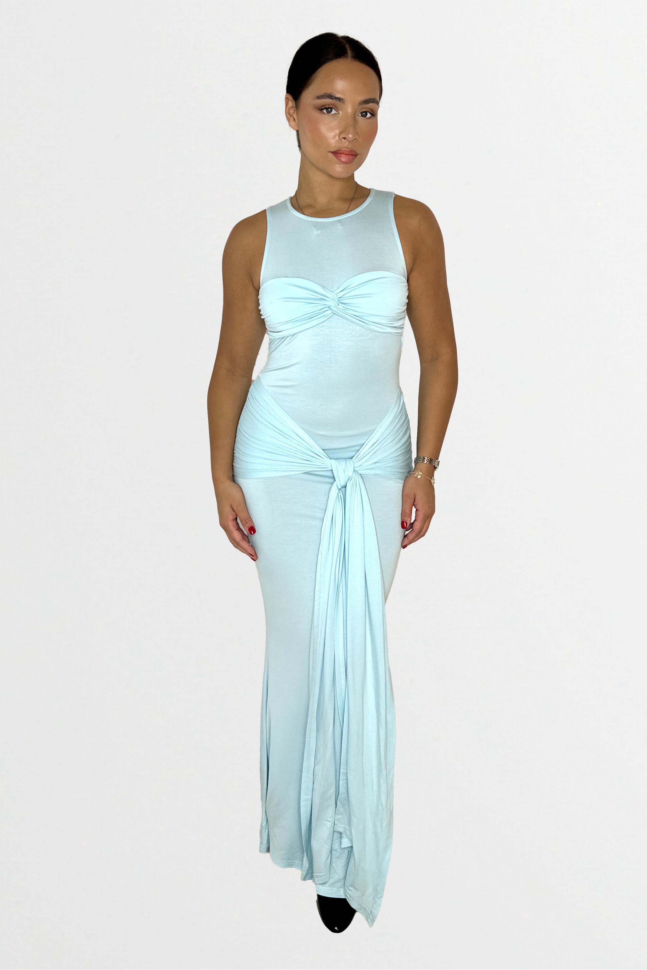 Stretchy Cotton Blend Sleeveless Ruched Tie Up Extra Long Dress-SinglePrice