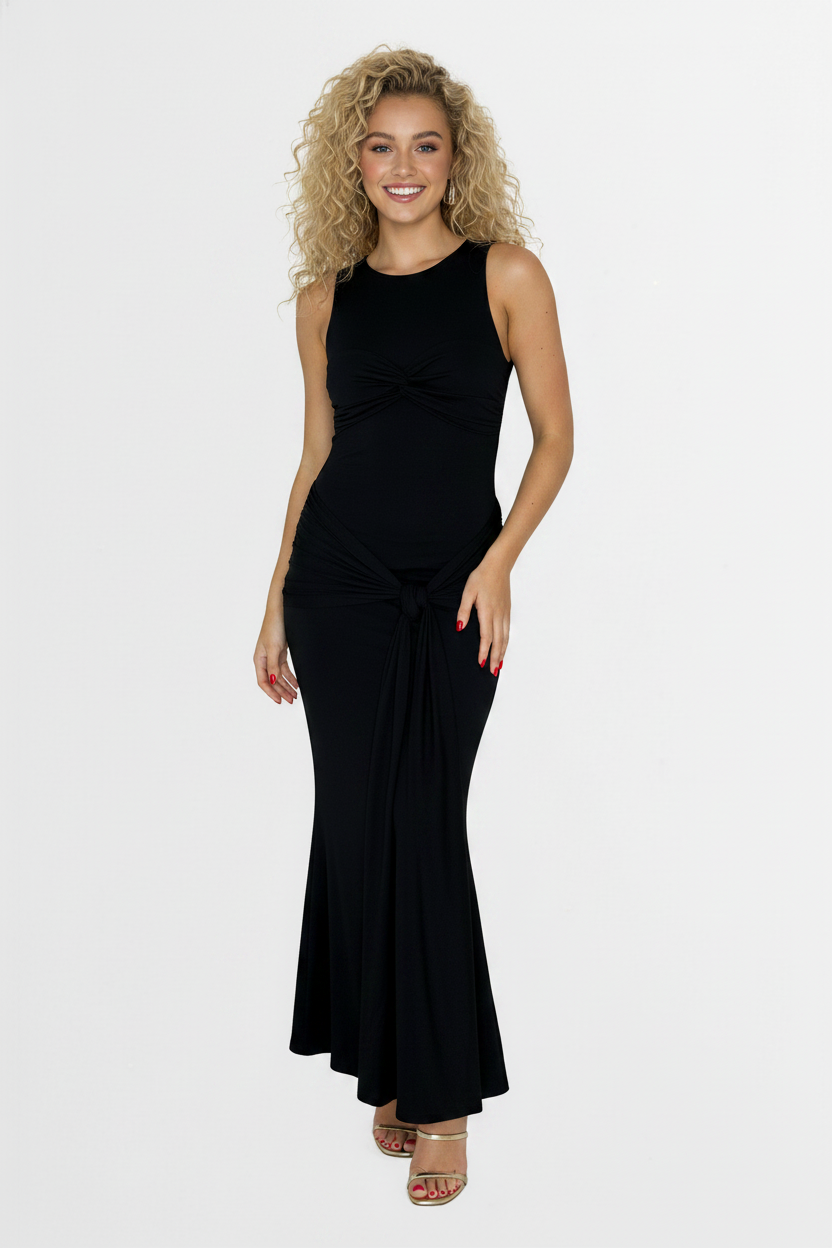 Stretchy Cotton Blend Sleeveless Ruched Tie Up Extra Long Dress-SinglePrice