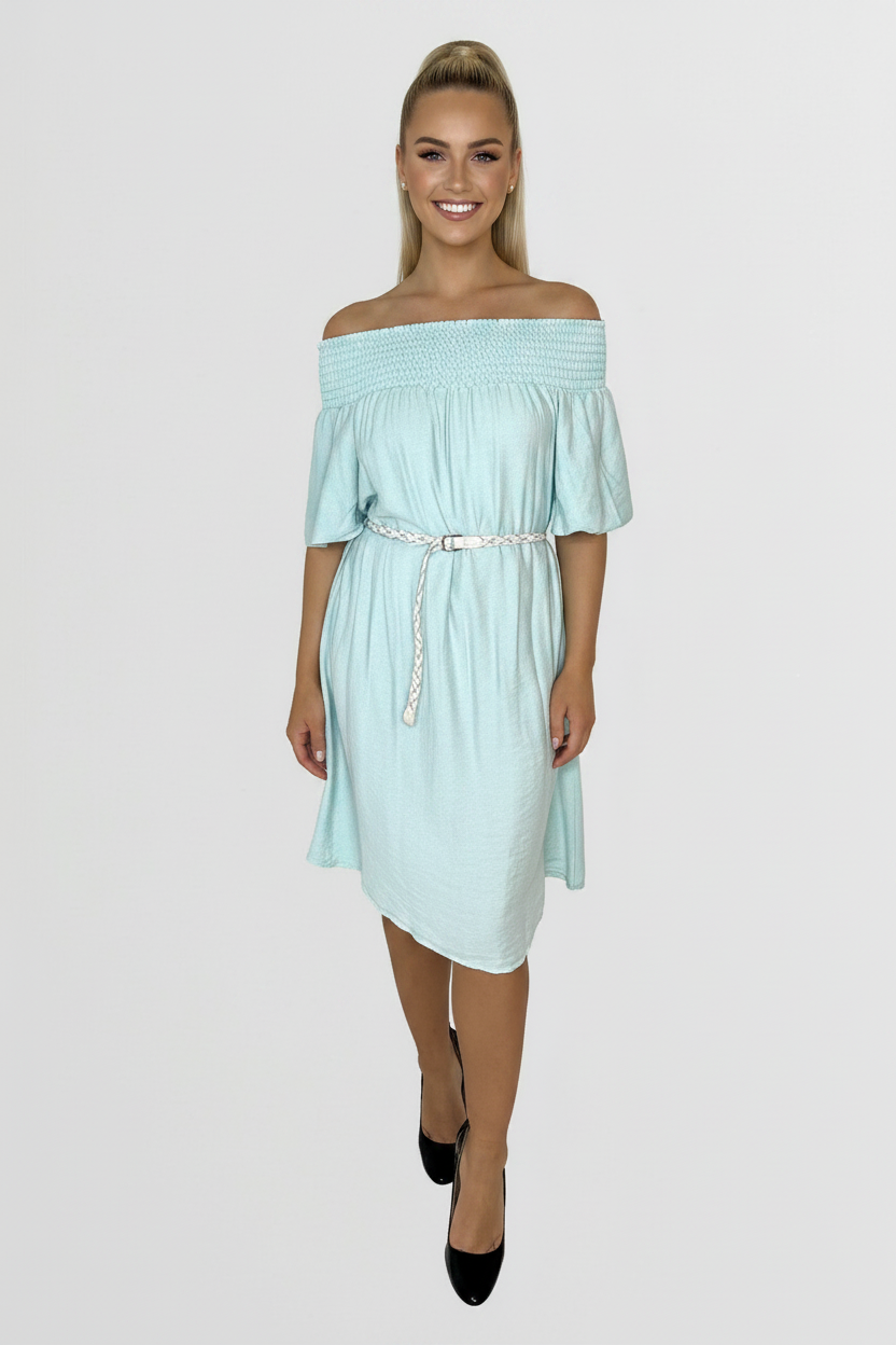 Off The Shoulder Belted Straight Cut Viscose Summer Dress-SinglePrice