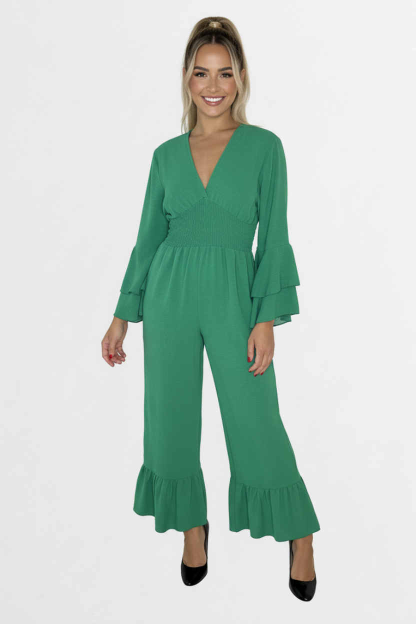 Low V-Cut Neck Bell Sleeve Cinched Waist Frill Wide Leg Petite Jumpsuit-SinglePrice