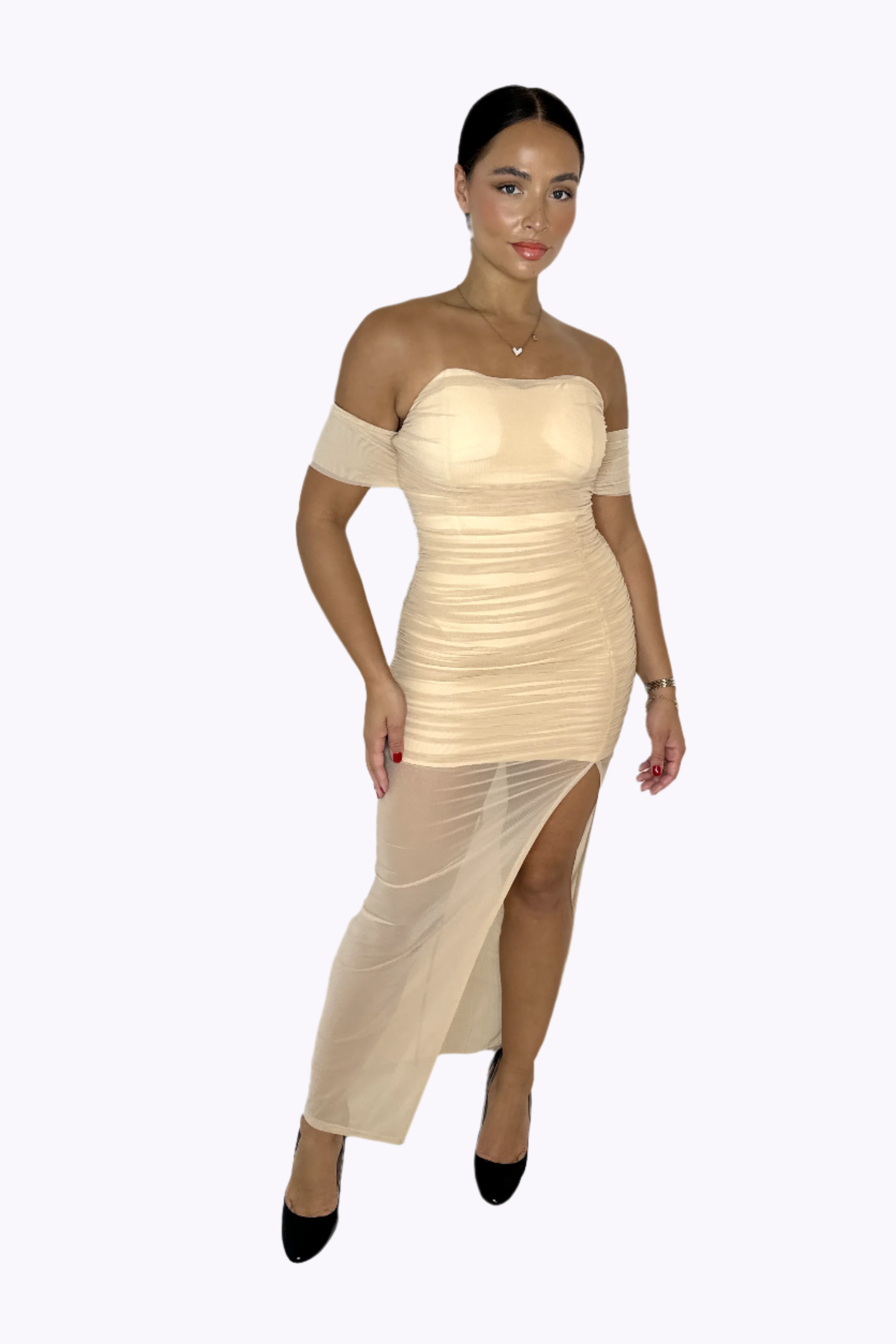 Sweetheart Neckline Ruched Mesh Long Bodycon Dress-SinglePrice