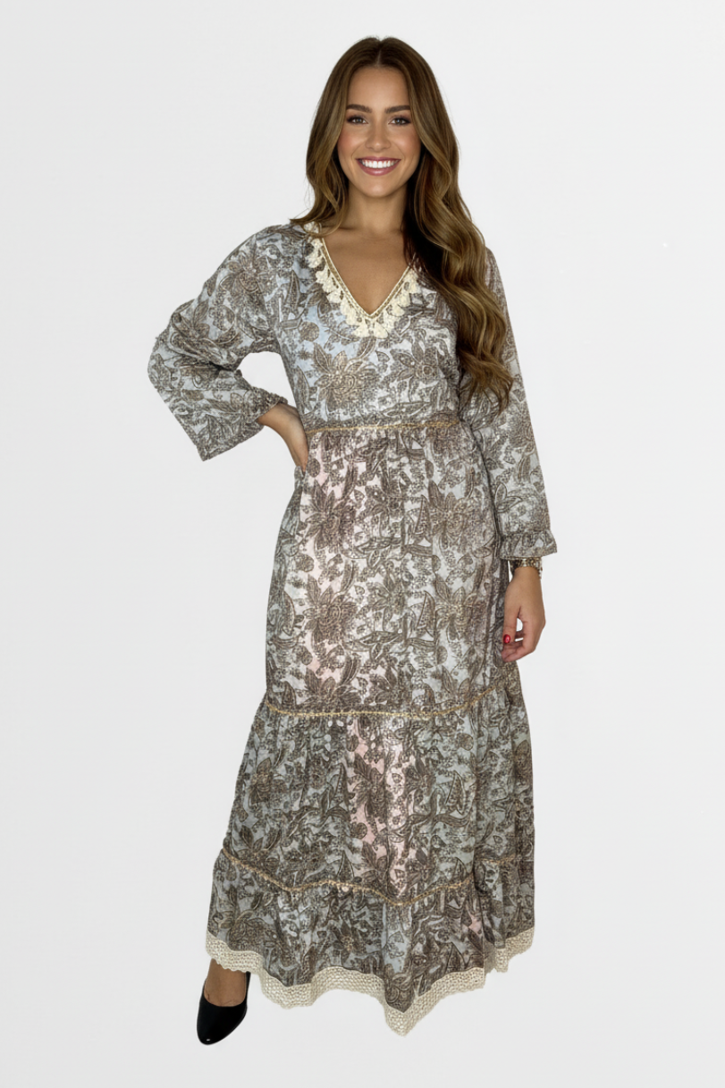 Floral Print Tie Waist Layered Modest Satin Long Dress-SinglePrice