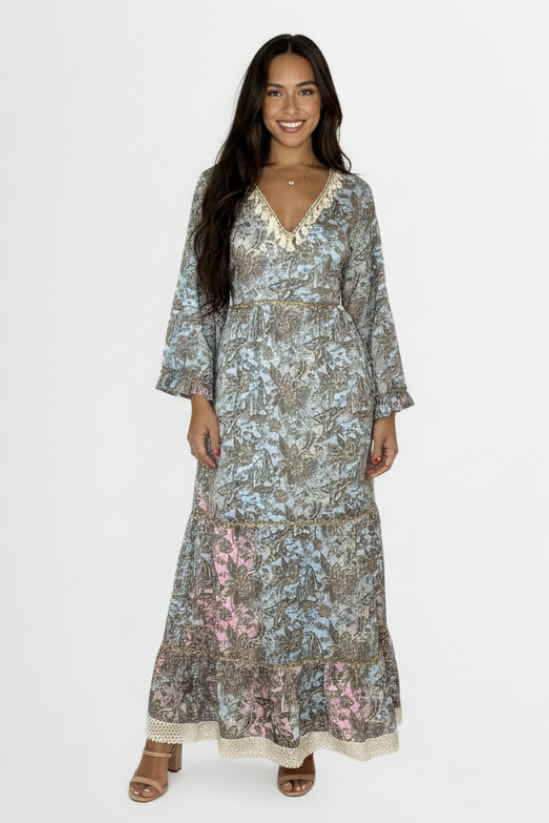 Floral Print Tie Waist Layered Modest Satin Long Dress-SinglePrice