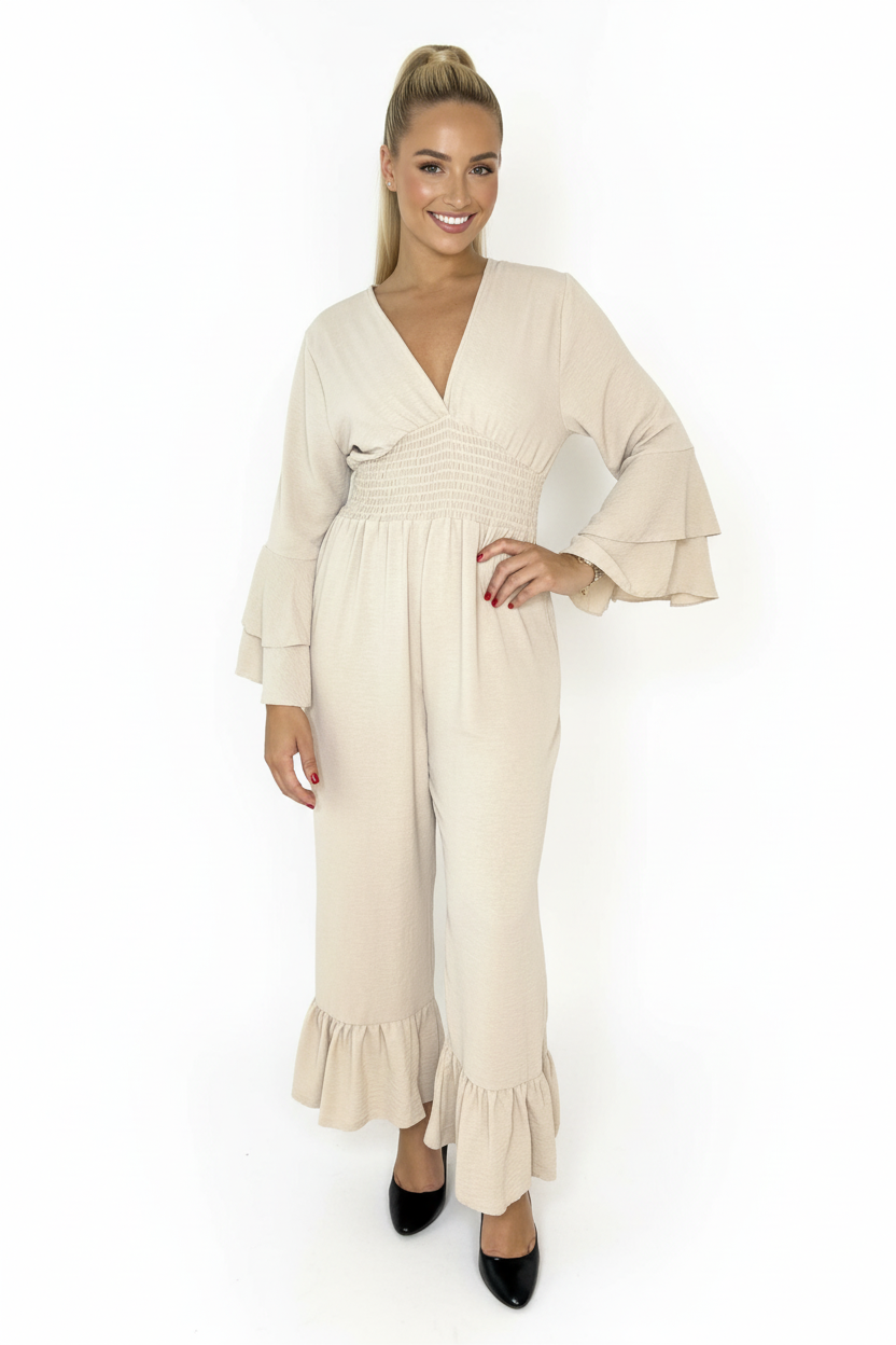 Low V-Cut Neck Bell Sleeve Cinched Waist Frill Wide Leg Petite Jumpsuit-SinglePrice