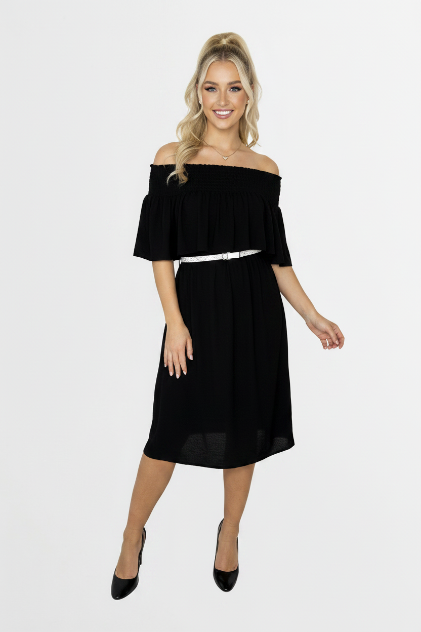 Off The Shoulder Belted Straight Cut Viscose Summer Dress-SinglePrice